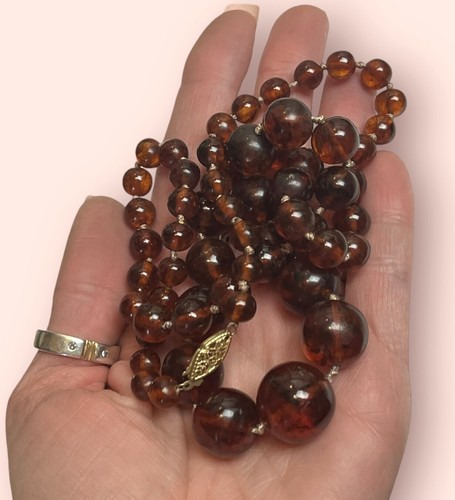Vintage 14K Gold Clasp Hand Knotted Graduated Large Amber Bead Necklace 27” Long - Picture 5 of 9