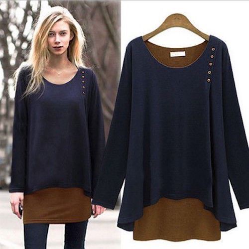 UK Damen Frauen 2 Lagen Langarm Oberteil T-Shirt Pullover - Bild 2 von 5