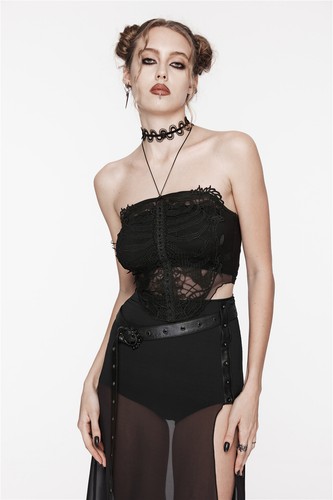 Punk Rave Women Gothic Lace Mesh Shirt Embroidered Skeleton Pattern Cami Tops - Picture 5 of 24