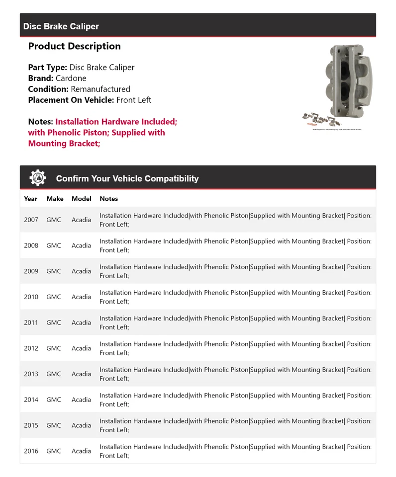 Pinça de freio a disco dianteira esquerda Cardone 2008 2009 2010 para 2007-2016 GMC Acadia - Imagem 2 de 4