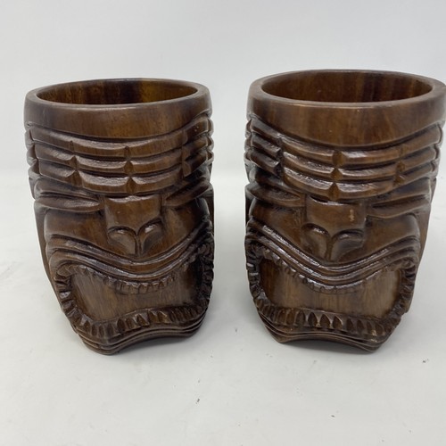 Pair Vintage Wood Tiki Mug Carved Collectible Coffee Cup Wood Face Monkeypod 5" - Picture 1 of 16