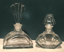 Beautiful Set Of 2 Vtg. Fan Shaped Deco Glass Perfume Vanity Bottles W/ Stoppers