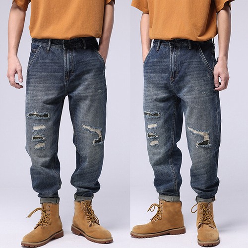 Mode Herren Denim zerrissen gerade Hose locker Retro Jeans Hose Freizeithose - Bild 8 von 8