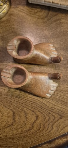 Pair Of Vintage Carved Wood Primitive Toe Up Foot Feet Ashtray  - Picture 8 of 14