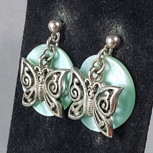 Dangle Butterfly Earrings Silver Tone Shell Retro Modernist Boho Pierced 1" - Picture 3 of 9