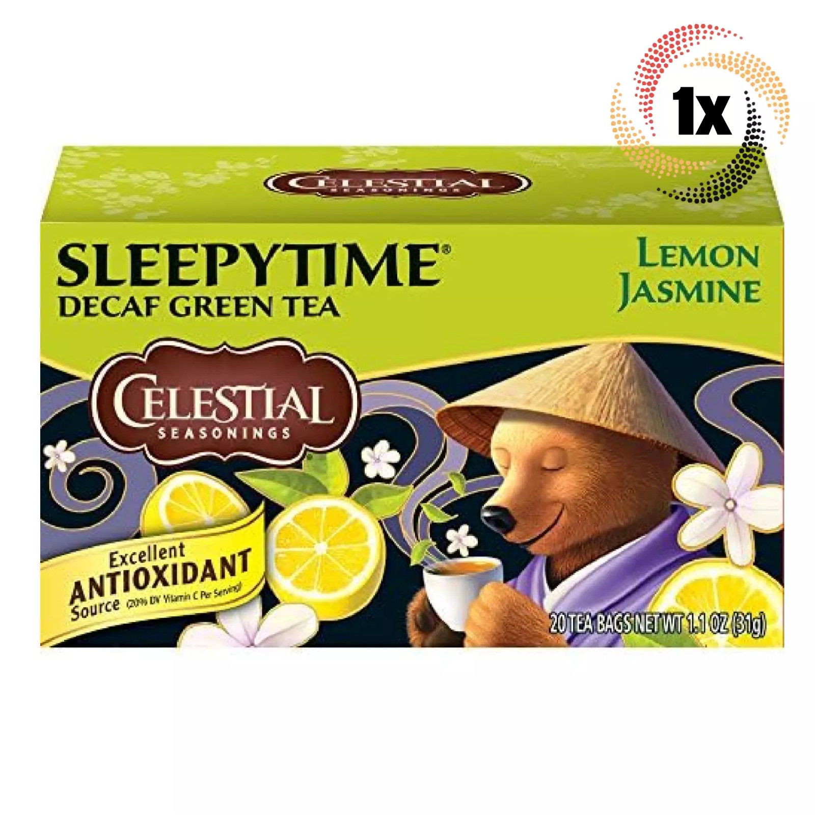 1x Коробка зеленого чая Celestial Sleepytime без кофеина с лимоном и жасмином | по 20 пакетиков в каждом | 1,1 унции