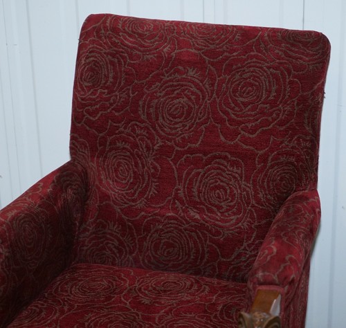 VINTAGE CARVED RAMS HEAD ARMCHAIR VINTAGE PIECE RED FLORAL UPHOLSTERY - Picture 7 of 12