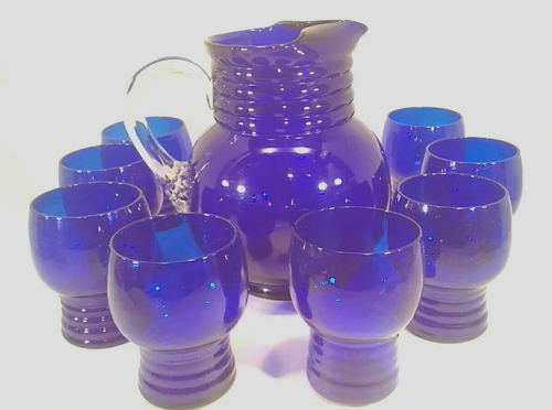 Vintage Art Deco 30er Jahre Dunbar Glas Kobaltblau Aramis Ringe Krug & 8 Tassen - Bild 2 von 8