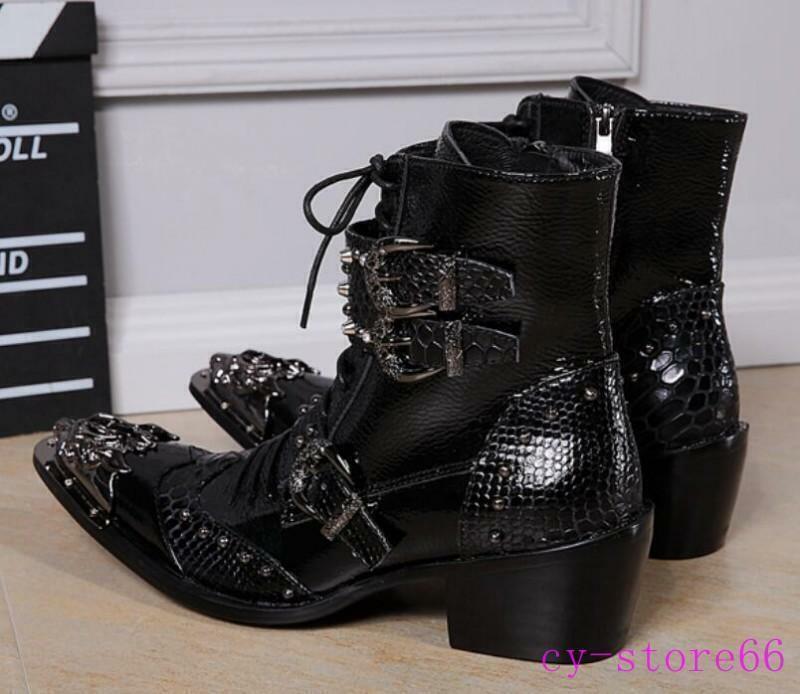 Men Rock Pointed Metal Toe Buckles Zip High Top Leather