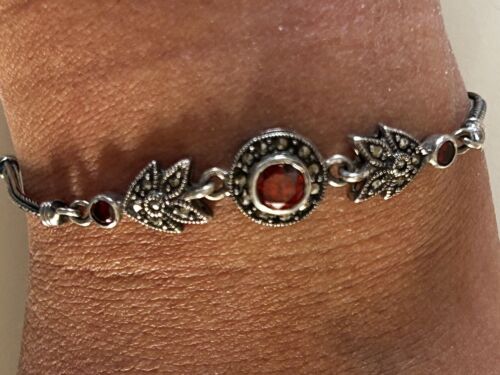 Red Garnet & Faceted Garnet Gemstone 925 Sterling Silver Vintage 7” Marcasite - Picture 7 of 7