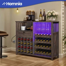 Rustic Wine Storage Cabinet w/ LED Lights Power Outlets Home Coffee Bar Cabinet