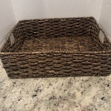 PreOwned Woven Wicker Rectangular Rattan Basket with Handles Metal Frame