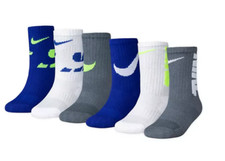 Nike Boy's Cushion Crew White Blue Gray 6 Pair Socks 5-7 Kids 10c-3Y 
