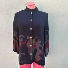 Citron Santa Monica Sheer Women Dancing Top Shirt Black Silk Button Down Party S