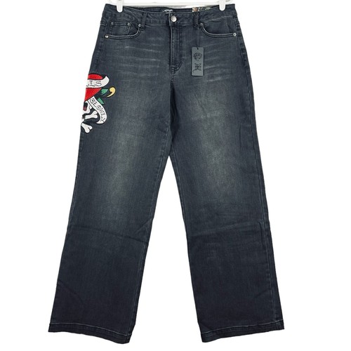 Neu mit Etikett Ed Hardy Love Kills Slowly schwarze Denim-Damenjeans 32 weites Bein bestickt - Bild 2 von 16