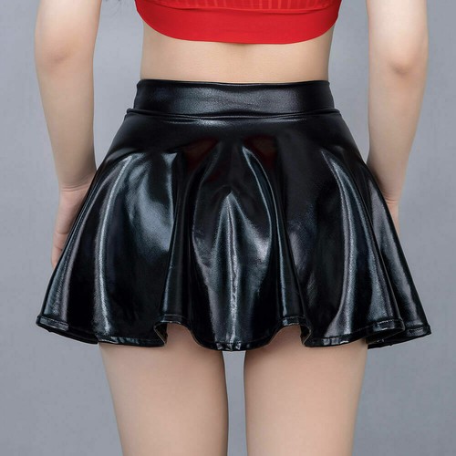 Womens PU Leather Wetlook Mini Flared Pleated Skirt Skater Short Skirt Nightclub - Picture 4 of 10
