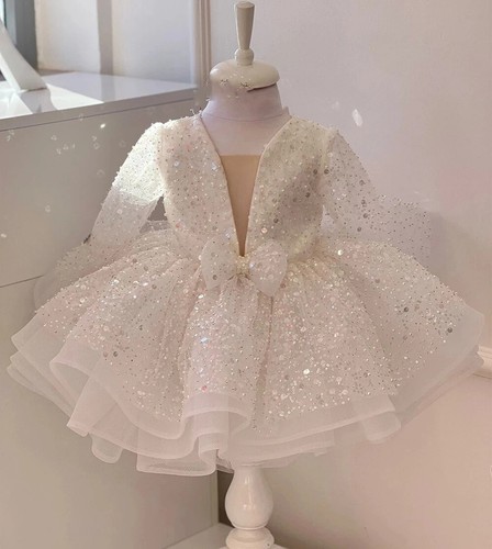 Girl Dress Long Sleeves Silver Bow Cute Baby Girls Communion Gown Party Dresses - Picture 3 of 32