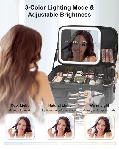 Relavel Travel Makeup Bag with LED Mirror,Portable Organizer with Dividers,Black - Picture 93 of 130