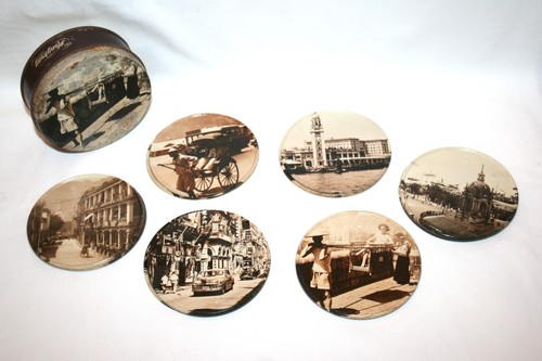 Alan Chan Creations Scenes of Old Hong Kong Tin Over Cork Coasters Set 12 w/ Can - Picture 1 of 11