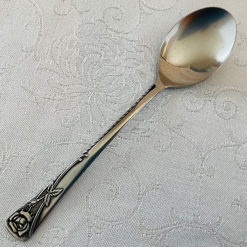 Noritake Stainless Rosetta (4) Oval Soup Spoons Japan Rose Design Good Cond. - Picture 6 of 7