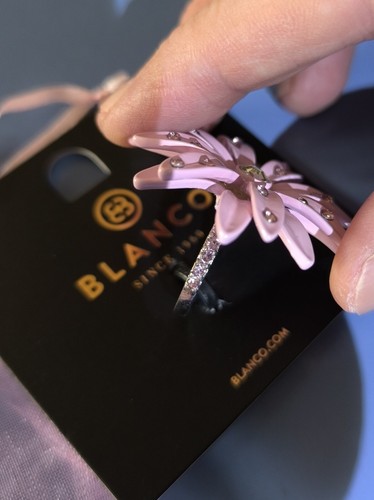 Ring: Large Pink Enamel Flower Clear Crystal Detail & Shoulder. Size P ( Approx) - Picture 6 of 18