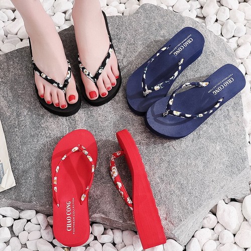 Sommer Damen Keilabsatz Tanga Flip Flops Sandalen Plateau Strand Hausschuhe Schuhe - Bild 1 von 19