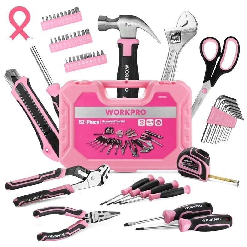 WORKPRO 52 PCS Pink Tools Set Household Tool Kit w/Storage Toolbox