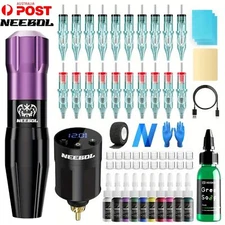 NEEBOL Tattoo Machine Kit Pen Wireless Battery Power Supply Needle Color Ink Set