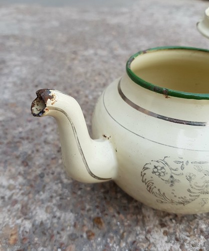 Vintage Scarce Cream Green Flowers Design Porcelain Enamel Painted Kettle IE32 - Picture 3 of 7