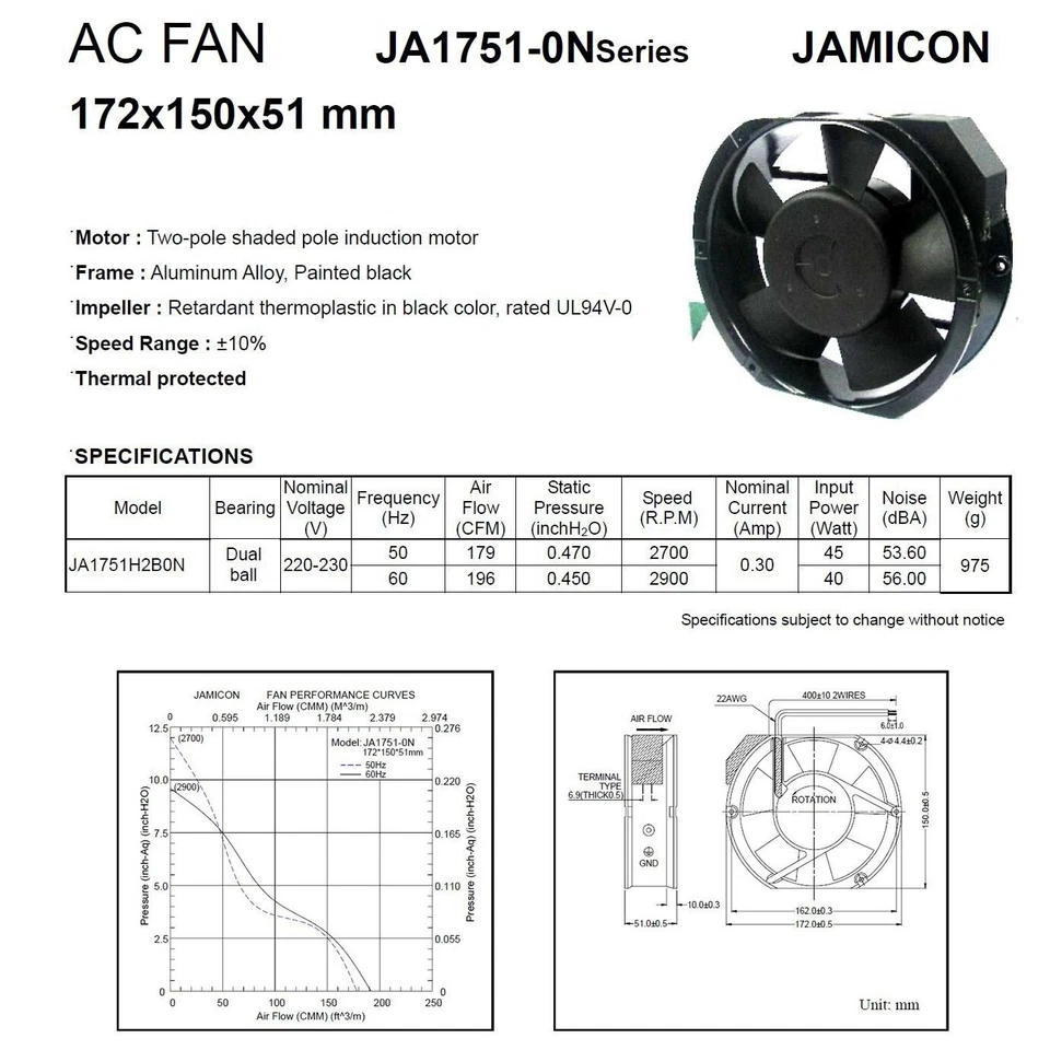 Ventola 220V 230V 0,3A Assiale 172x150x51mm Jamicon JA1751H2B0N AC Ball Bearing  - Immagine 4 di 4