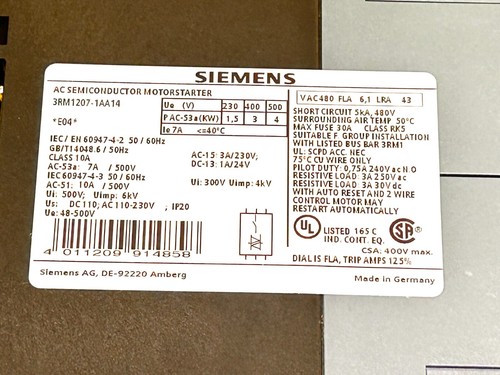 SIEMENS 3RM1207-1AA14 AC SEMICONDUCTOR MOTOR STARTER 3-POLE 10 AMP 500 VOLT - Picture 5 of 10