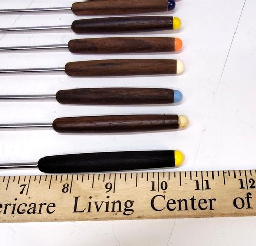 Vtg Set Of 10 Fondue Forks Stainless Steel & Wood Colored Handles 10.5" - Imagen 13 de 15