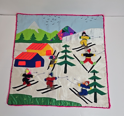 Peruvian Arpillera Embroidered Handmade Wall Hanging Folk Art Tapestry Skiing