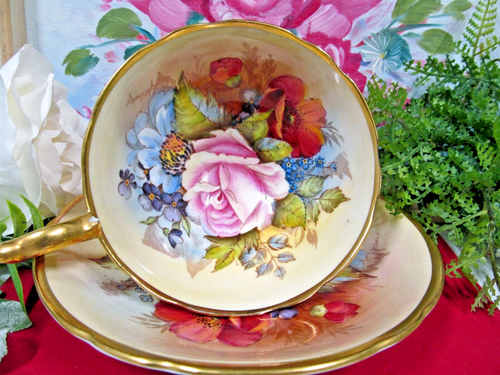 RARE Aynsley teacup BAILEY signed CABBAGE ROSE & POPPY Cup & saucer - Picture 6 of 12