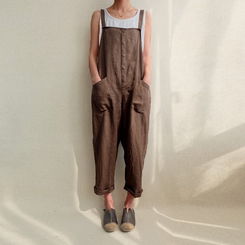 Women Cotton Linen Jumpsuits Pockets Dungarees Baggy Overalls Trousers Romper US - Picture 35 of 44
