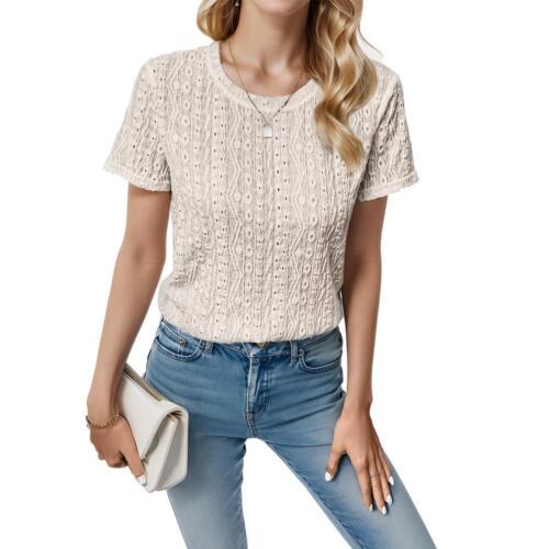 Women's Eyelet Embroidery Short Sleeve Tops Shirts Solid Crewneck Retro T-Shirts - Picture 13 of 14