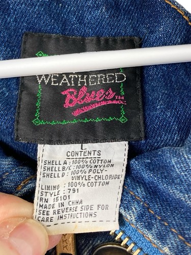 Vintage 80er Acid Wash blaue Jeansjacke bunter Lederbesatz Größe L Damen - Bild 15 von 18