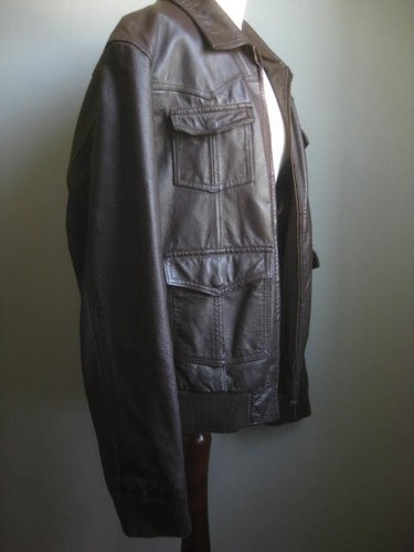 Mens RIVER ISLAND REAL LEATHER TRUCKER JACKET COAT 46 48 XL brown eur5 - Picture 5 of 24