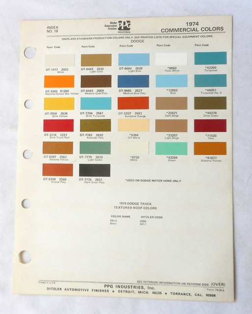1974 DODGE TRUCK PPG COLOR PAINT CHIP CHART ALL MODELS ORIGINAL MOPAR