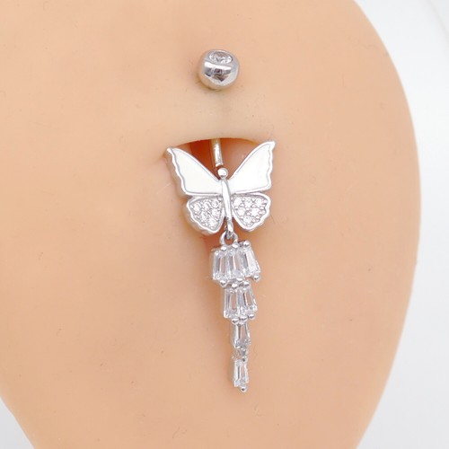 Women 925 Sterling Silver Butterfly CZ Crystal Belly Bar Button Navel Ring A4435 - Picture 8 of 11