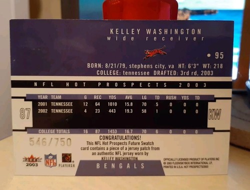 2003 Fleer Hot Prospects /750 Kelley Washington #95 Rookie TENNESSEE VOLUNTEERS - Picture 2 of 2