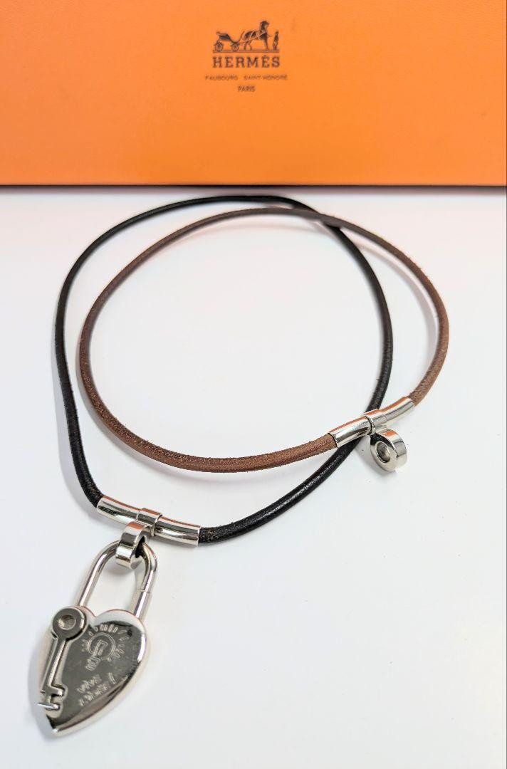 HERMES Leather Choker Necklace エルメス Auth Vintage HERMES Hercule Choker Necklace Brown Leather