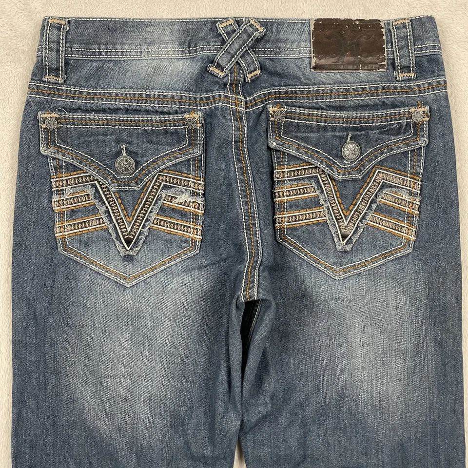 Pantalones de mezclilla Xtreme Couture para hombre 32x29 azul pierna recta bordados solapa bolsillo Y2K Foto 3 de 4