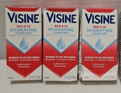 3 Bottles Visine Red Eye Hydrating Comfort Redness Relief and Lubricant Eye Drop