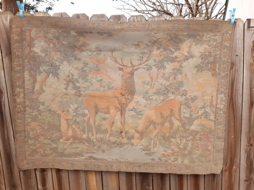 Arazzo da parete vintage 1954 in velluto turco, famiglia cervi - Foto 9 di 13