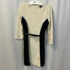 Mango White Long Sleeve Structured Sheath Dress Black Panels Belt Medium