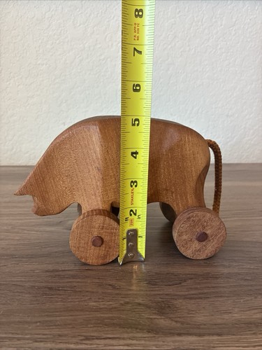 Vintage Folk Art Primitive Style Carved Wooden Pig Pull Toy w/Wheels Decoration - Picture 8 of 21