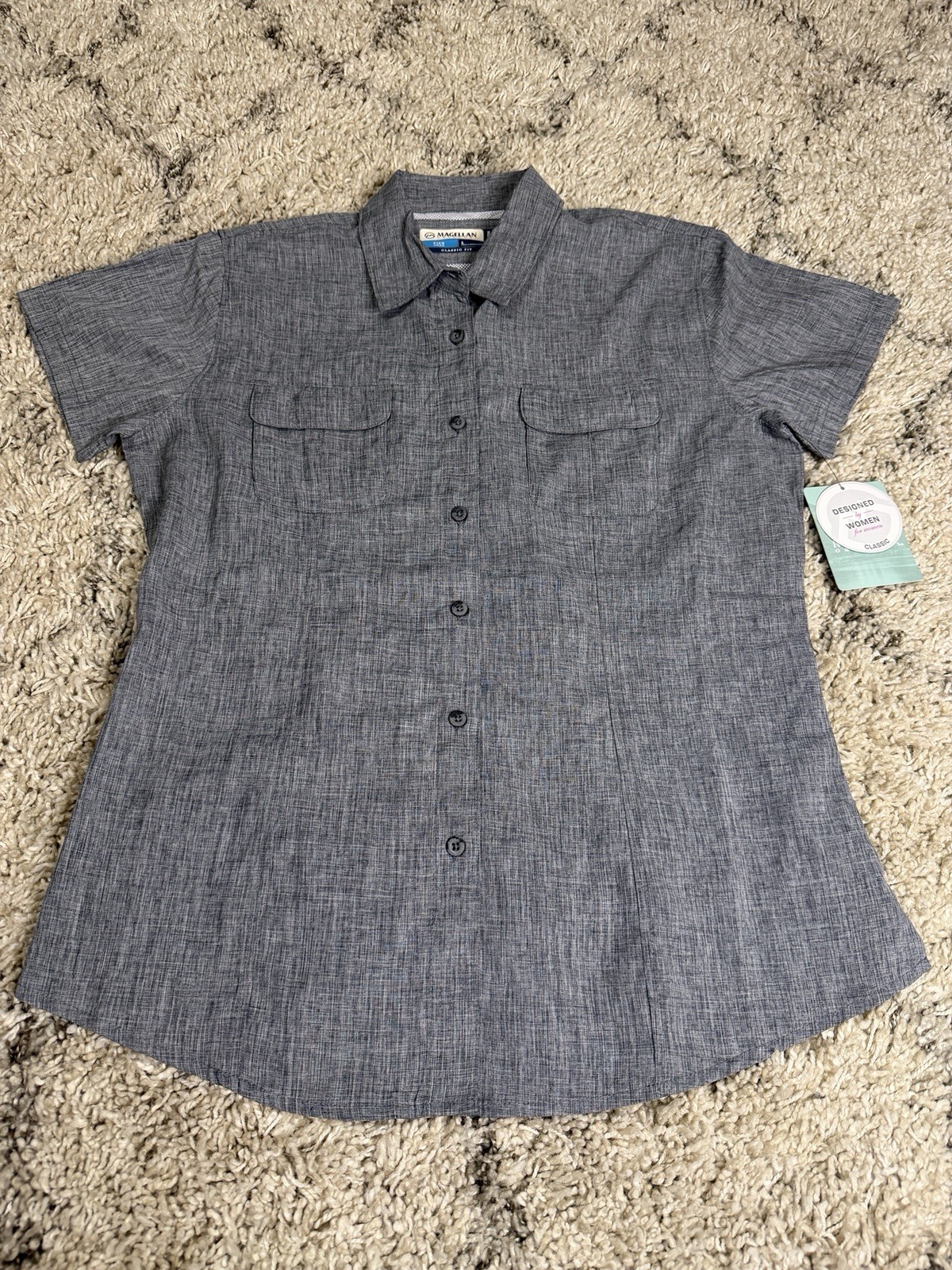 Magellan Shirt Womens Large Gray Short Sleeve Button Up Classic Fit Fish Gear