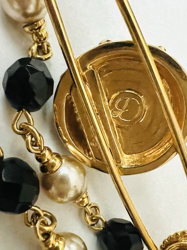 Vintage St. John goldfarbene Kunstperlen schwarze Emaille Kristall Hänger Anstecknadel Brosche - Bild 9 von 9