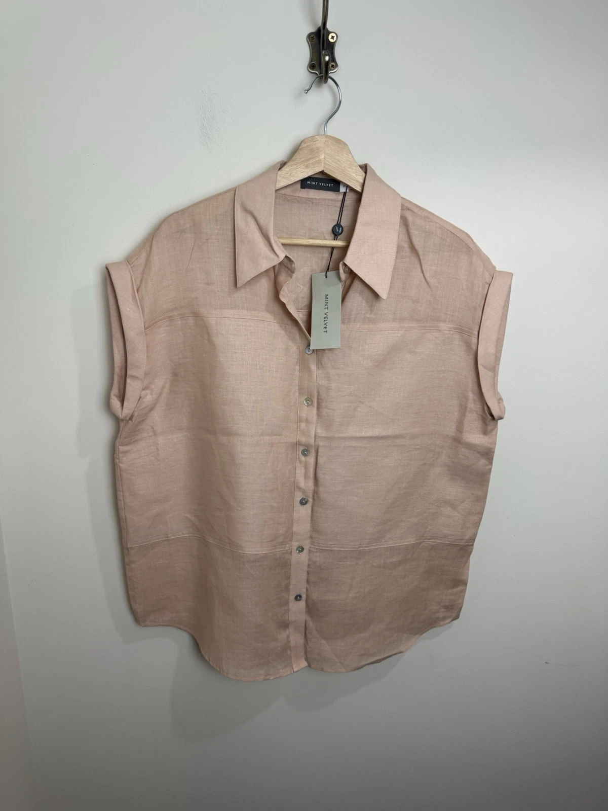 Mint Velvet Blush Pink Linen Shirt Size M Sleeveless Collar Holiday RRP £89